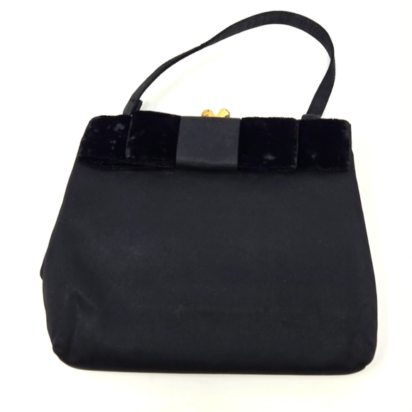 VINTAGE INGBER BLACK SATIN & VELVET MINI EVENING BAG TOP HANDLE PURSE WOMEN BOW - Picture 1 of 12